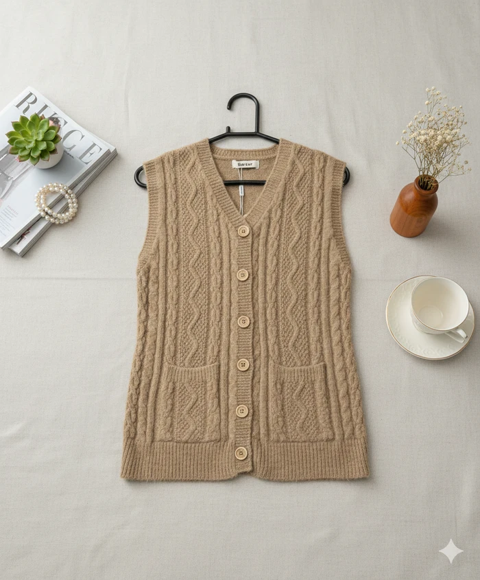 Women’s Premium Tan Cable-Knit Button-Down Sweater Vest - Sheikh Jee Garments