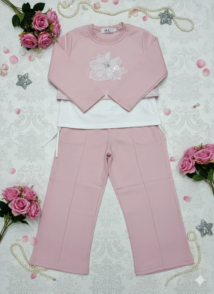 Girls’ Blush Pink Shimmer 3D Floral Co-ord Set - Sheikh Jee Garments