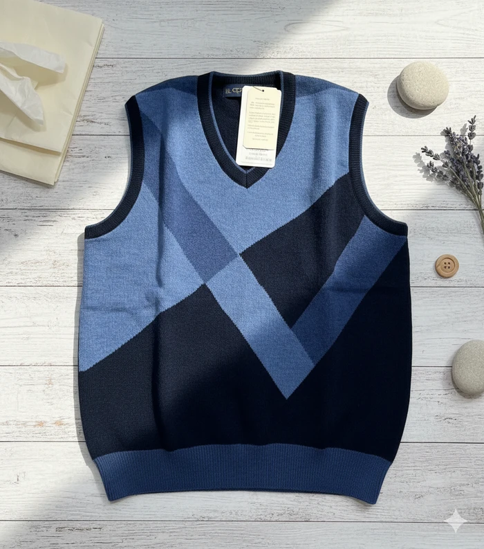 Men’s Classic Blue Argyle V-Neck Sweater Vest - Sheikh Jee Garments
