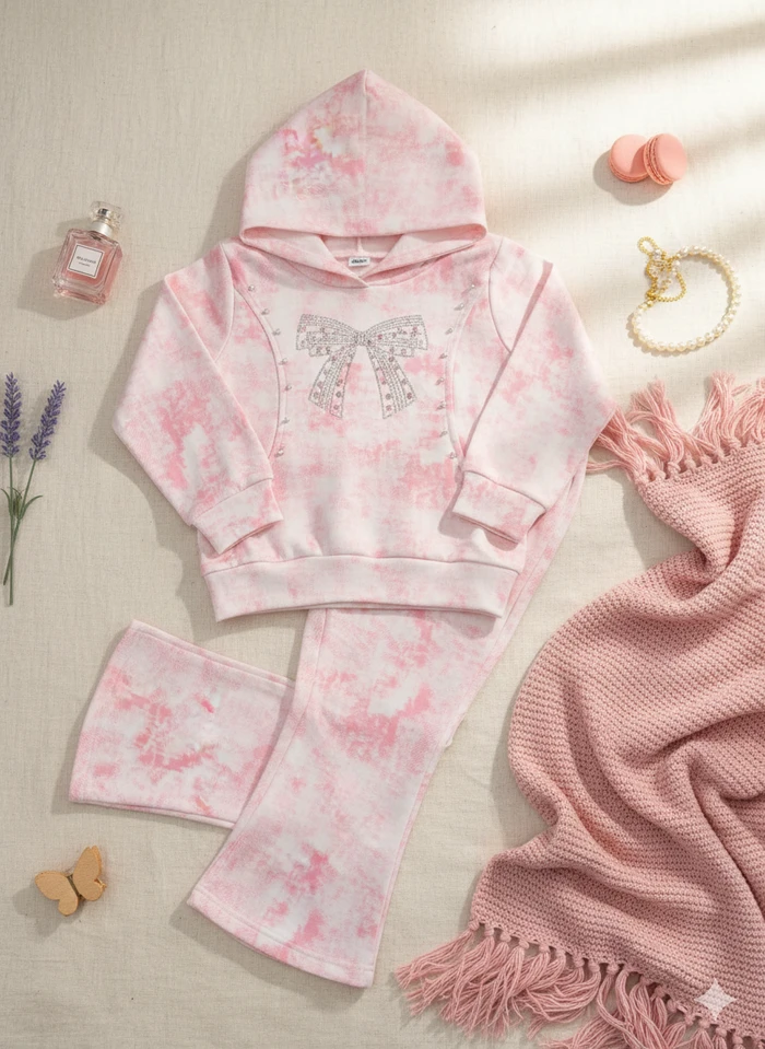 Girls’ Tie-Dye Shimmer Bow Hoodie & Flare Set - Sheikh Jee Garments