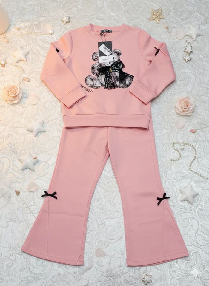 Girls’ Teddy Bear Lace-Bow Winter Bell-Bottom Set - Sheikh Jee Garments