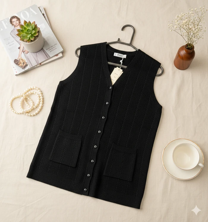 Women's Classic Black Button-Down Sweater Vest - Sheikh Jee Garments