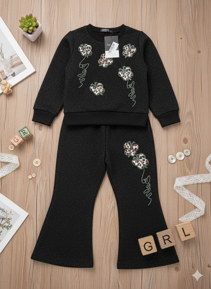 Girls’ Leopard Butterfly Shimmer Bell-Bottom Set - Sheikh Jee Garments