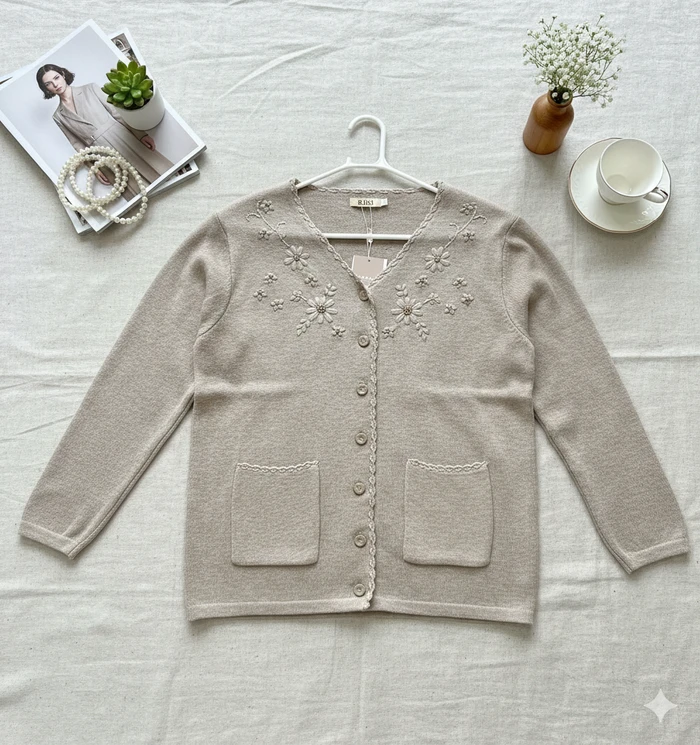 Women’s Premium Beige Floral Embroidered Cardigan - Sheikh Jee Garments