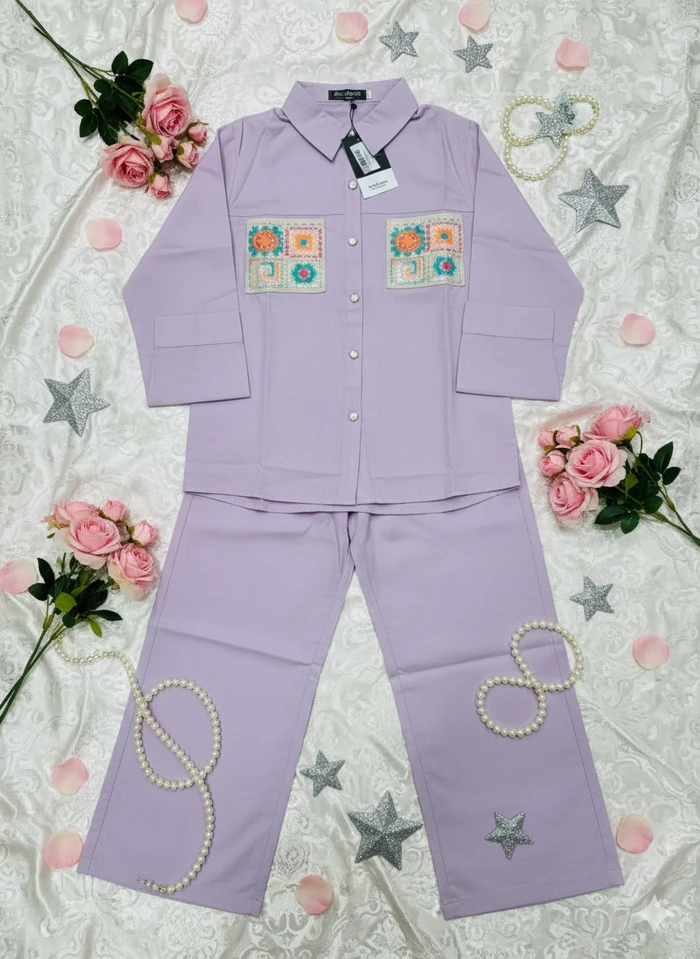 Girls’ Lavender Pearl-Button Embroidered Co-ord Set - Sheikh Jee Garments