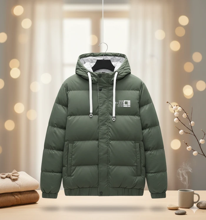 Men's Premium Olive Green Hooded Puffer Jacket – Ultimate Winter Warmth - Sheikh Jee Garments