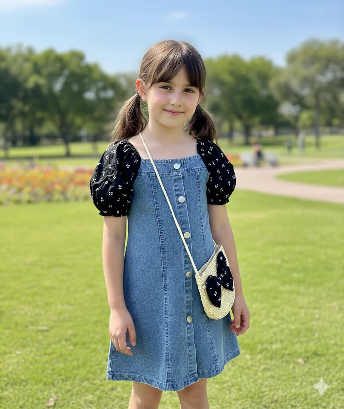 Girls' 2-Piece Denim Puff Sleeve Dress - Sheikh Jee Garments