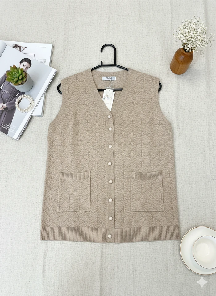 Women’s Premium Beige Diamond-Patterned Knit Sweater Vest - Sheikh Jee Garments