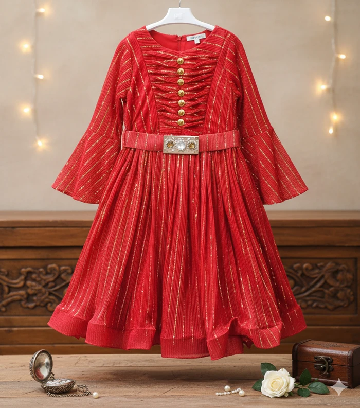 Premium Girls Vibrant Red Shimmer Frock - Sheikh Jee Garments
