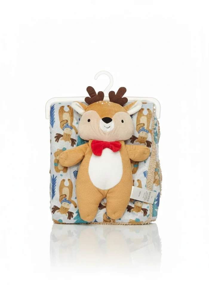 2-Piece Holiday Baby Gift Set – Plush Reindeer Toy and Patterned Sherpa - Sheikh Jee Garments