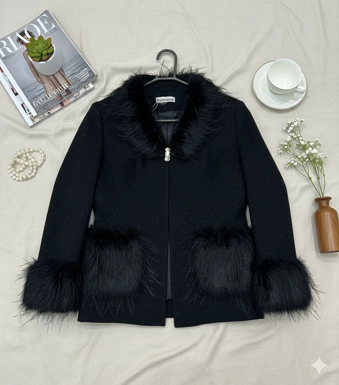 Women's Elegant Black Shimmer Jacket with Luxury Faux Fur Detailing - Sheikh Jee Garments