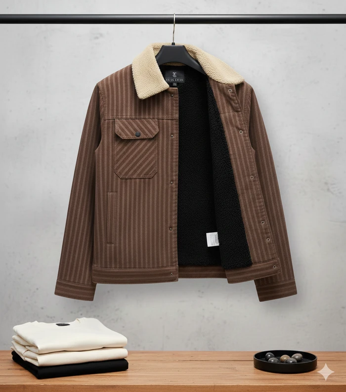 Men’s Brown Striped Trucker Jacket with Warm Sherpa Collar - Sheikh Jee Garments