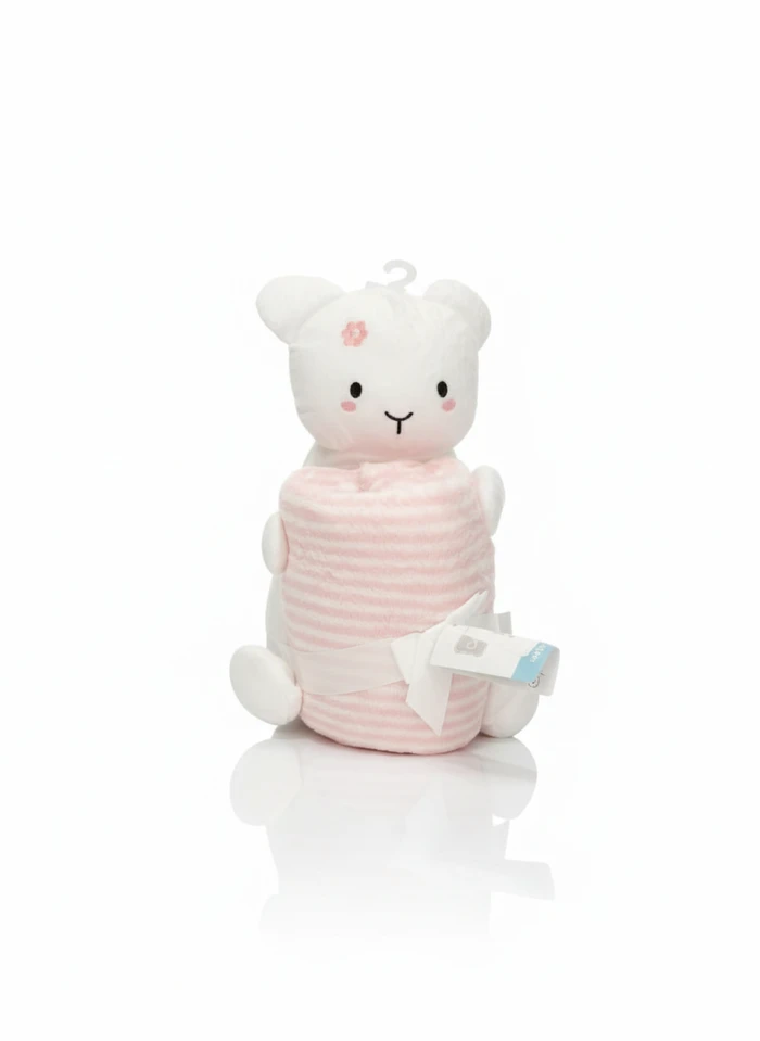 2-Piece Baby Snuggle Set – Plush White Bear and Pink Striped Fleece Blanket - Sheikh Jee Garments