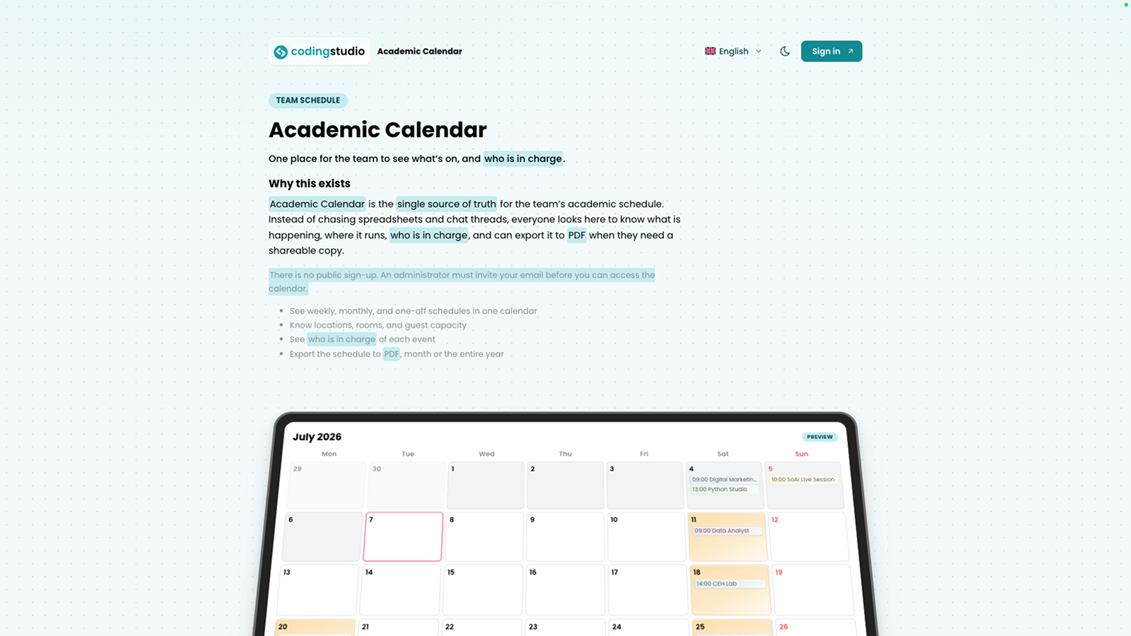 CodingStudio Calendar