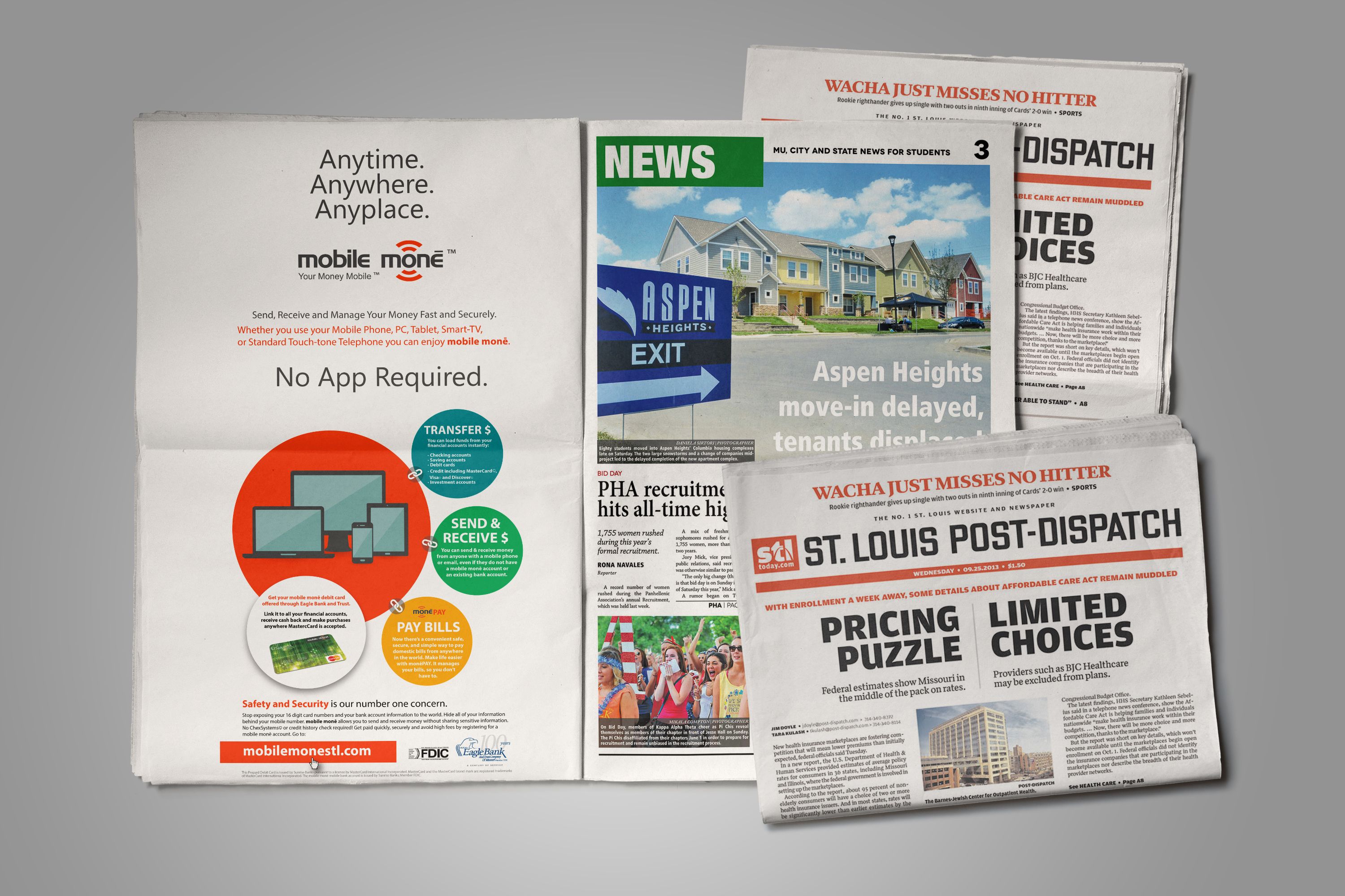 Two print advertising panels with banking and newspaper imagery