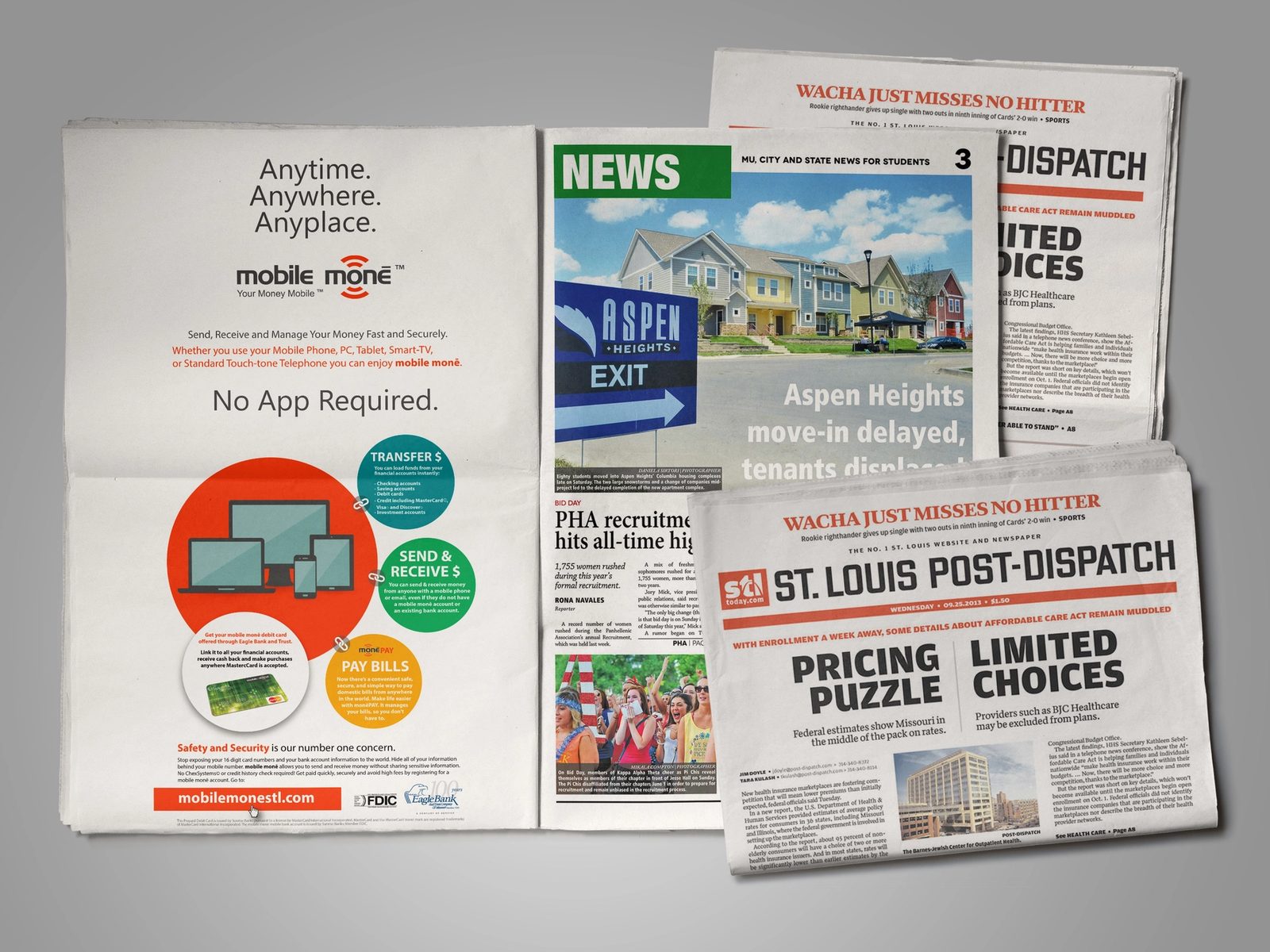 Two print advertising panels with banking and newspaper imagery
