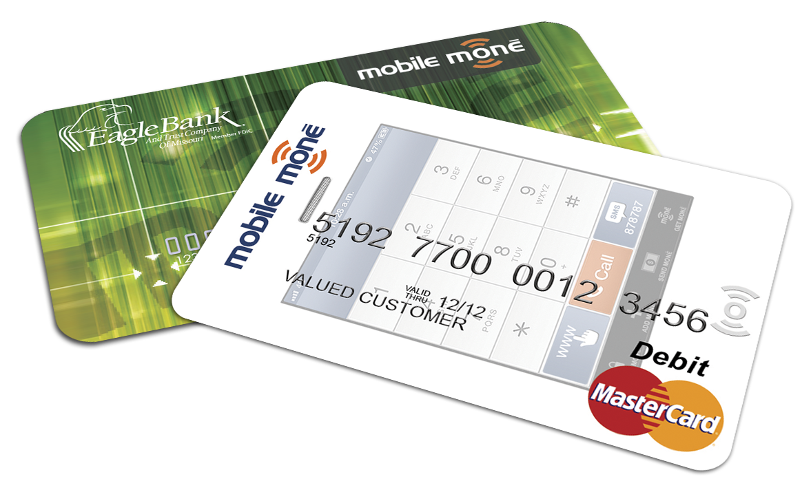 Overlapping Mobile monē branded debit card designs