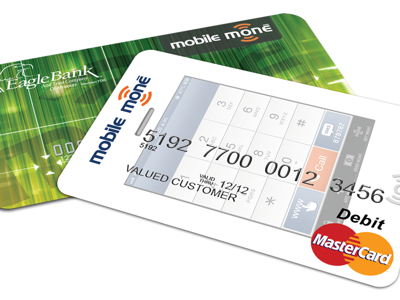 Overlapping Mobile monē branded debit card designs