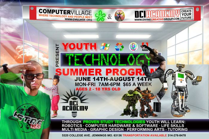 DCI Academy youth technology summer program flyer with green, yellow and black graphics