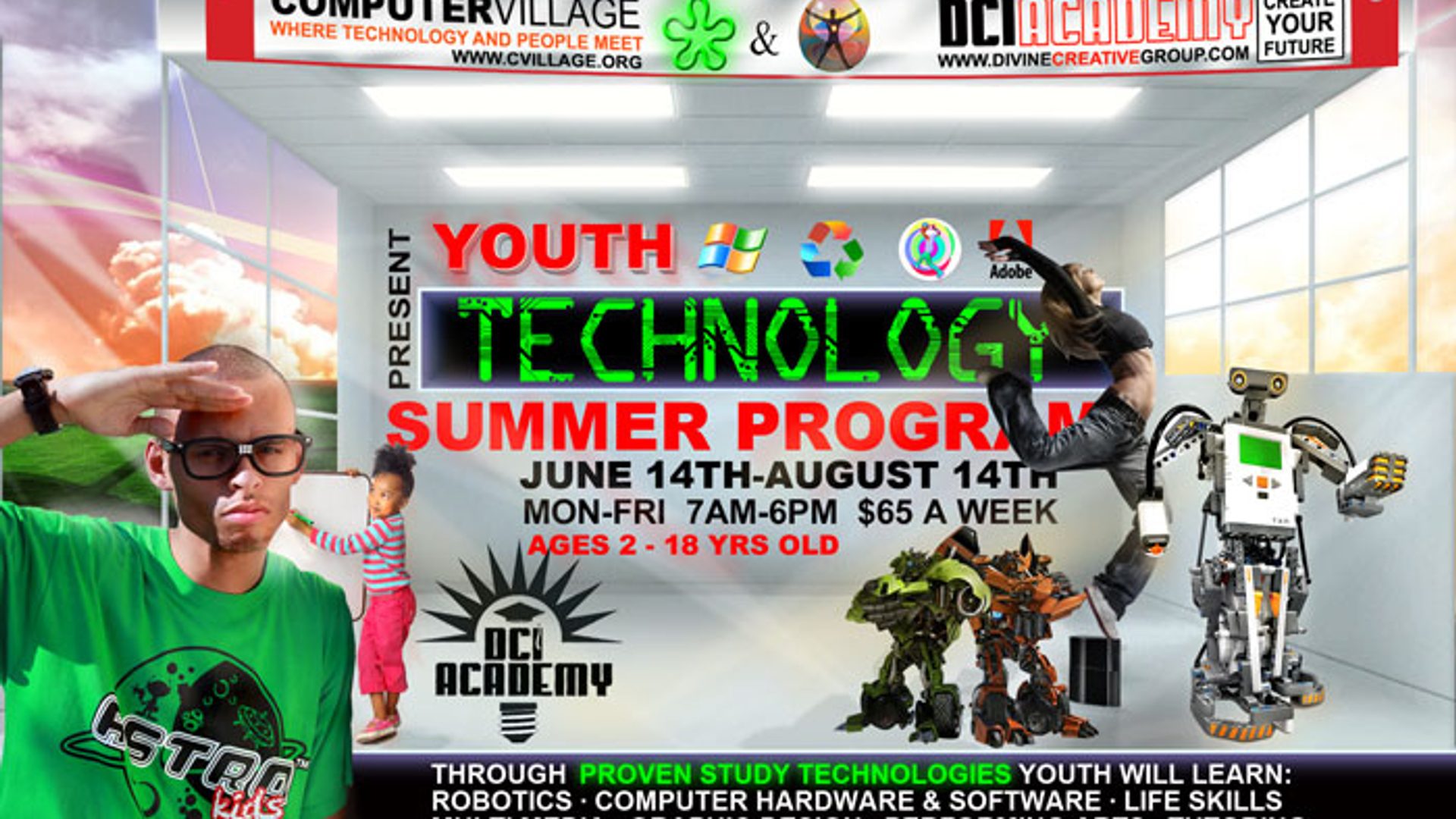 DCI Academy youth technology summer program flyer with green, yellow and black graphics