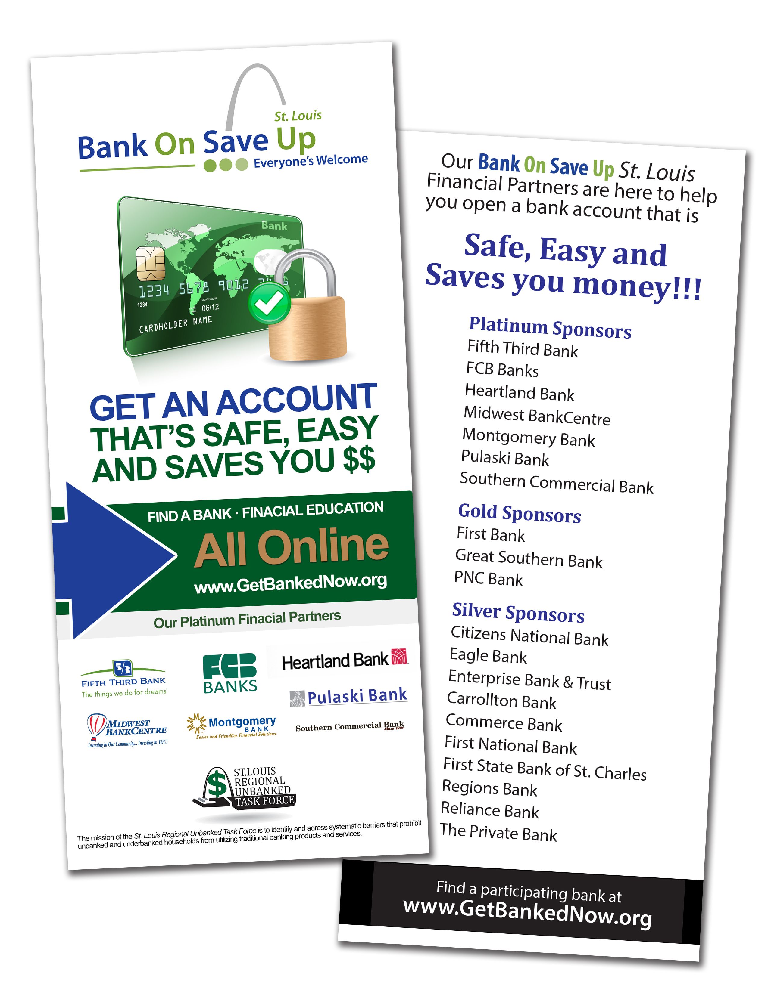 Front and back Bank On Save Up rack-card design