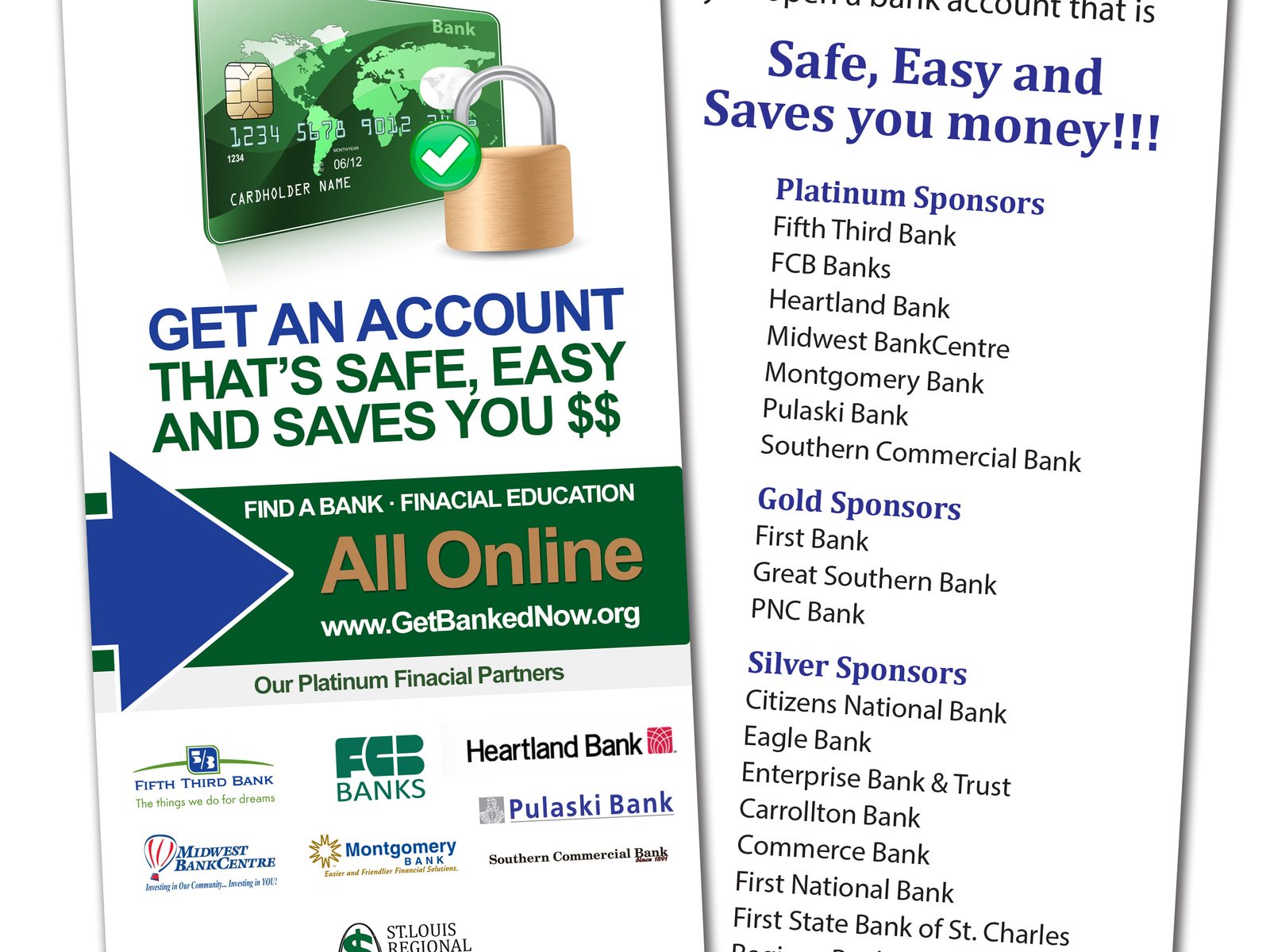 Front and back Bank On Save Up rack-card design