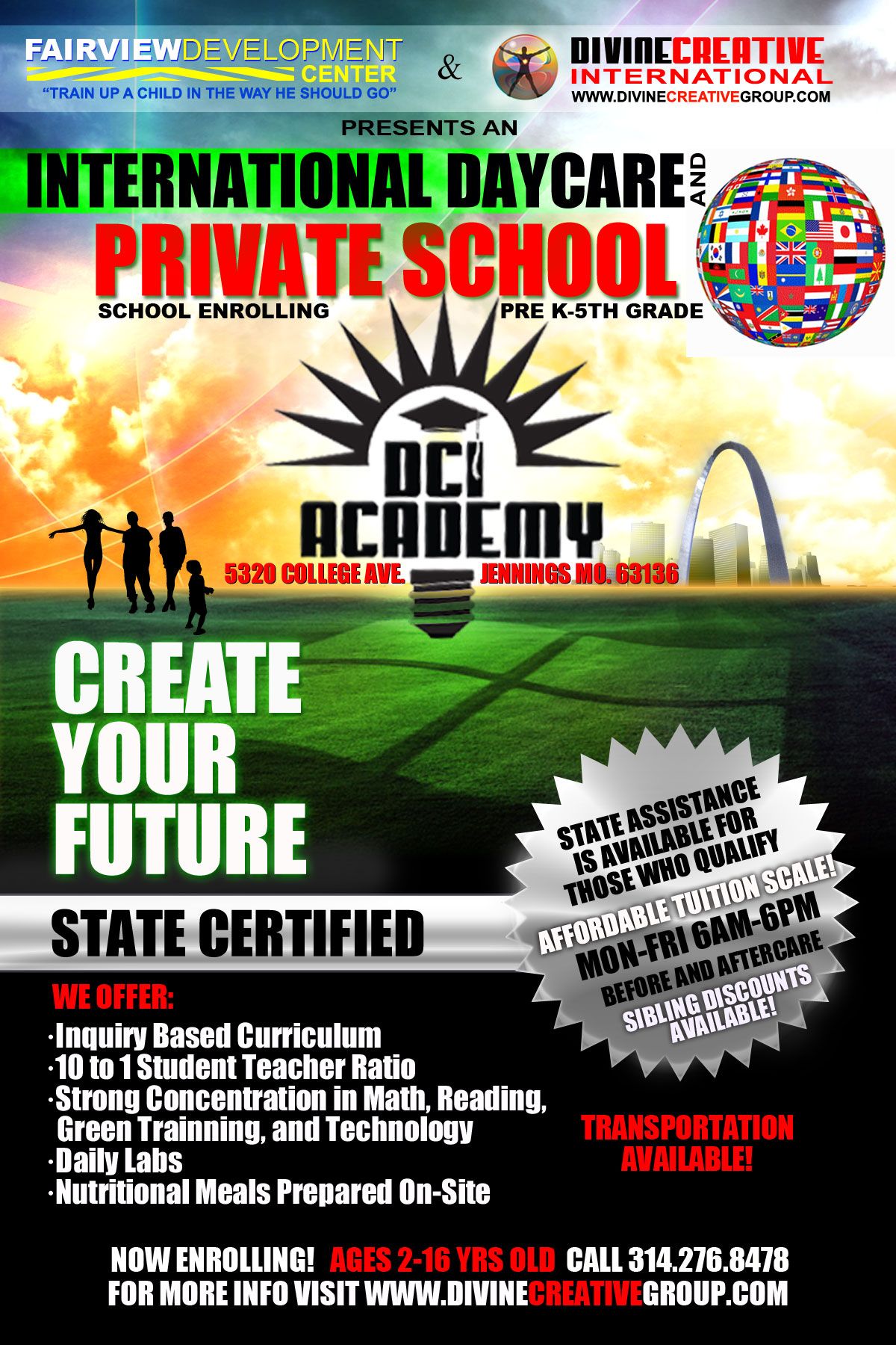 DCI Academy daycare and private-school promotional flyer