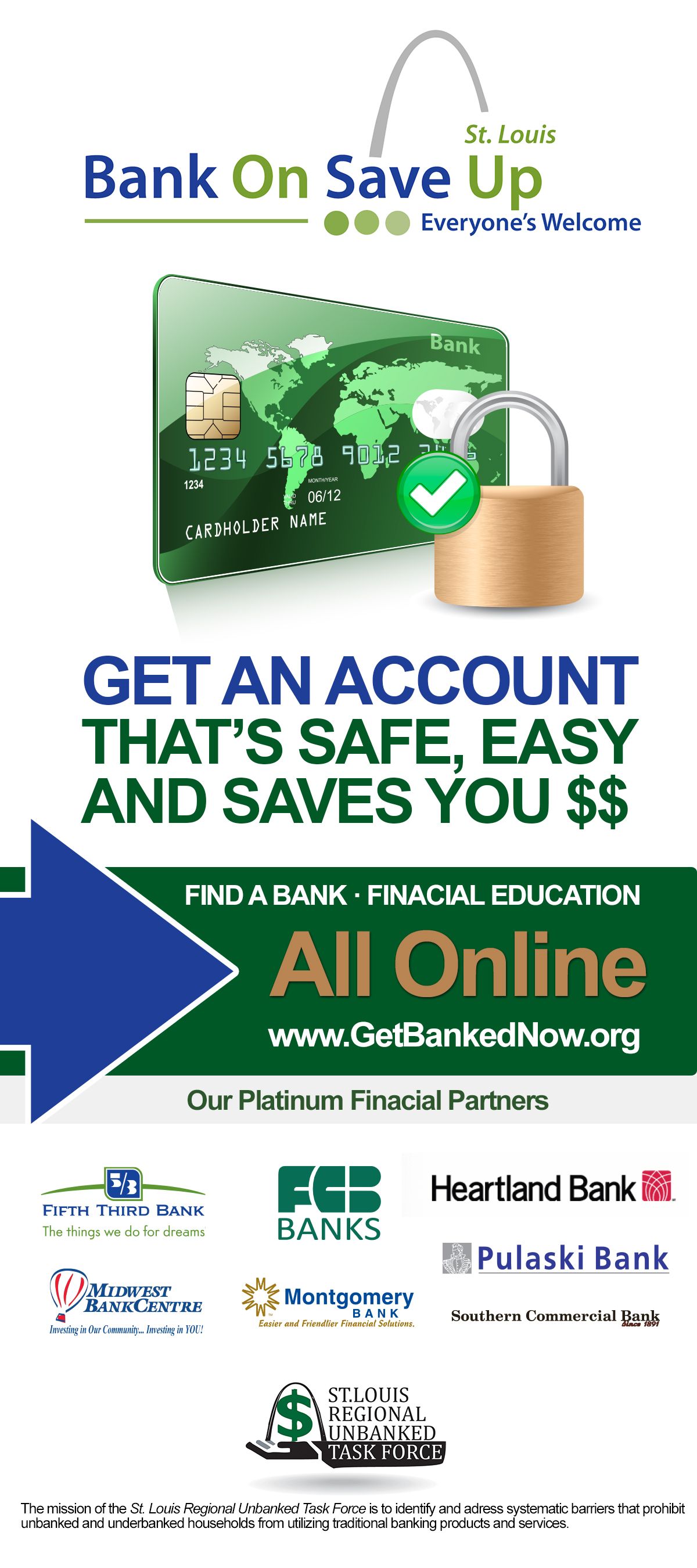 Bank On Save Up rack card with green account and savings messaging