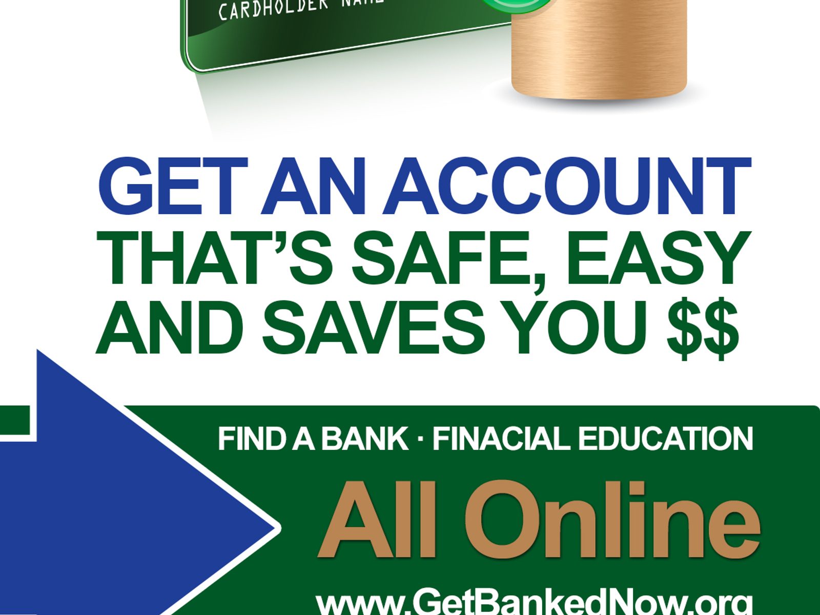 Bank On Save Up rack card with green account and savings messaging