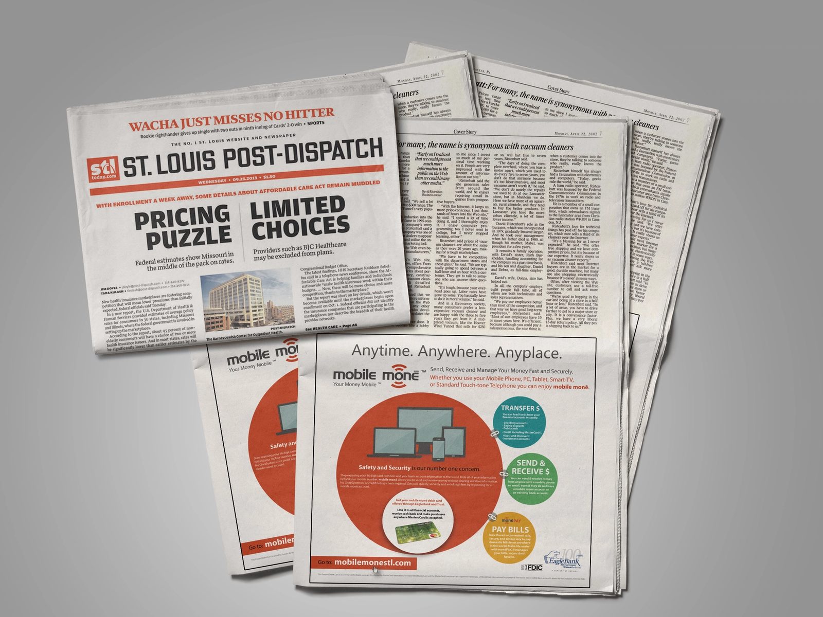 Eagle Bank advertising mockup alongside St. Louis Post-Dispatch pages