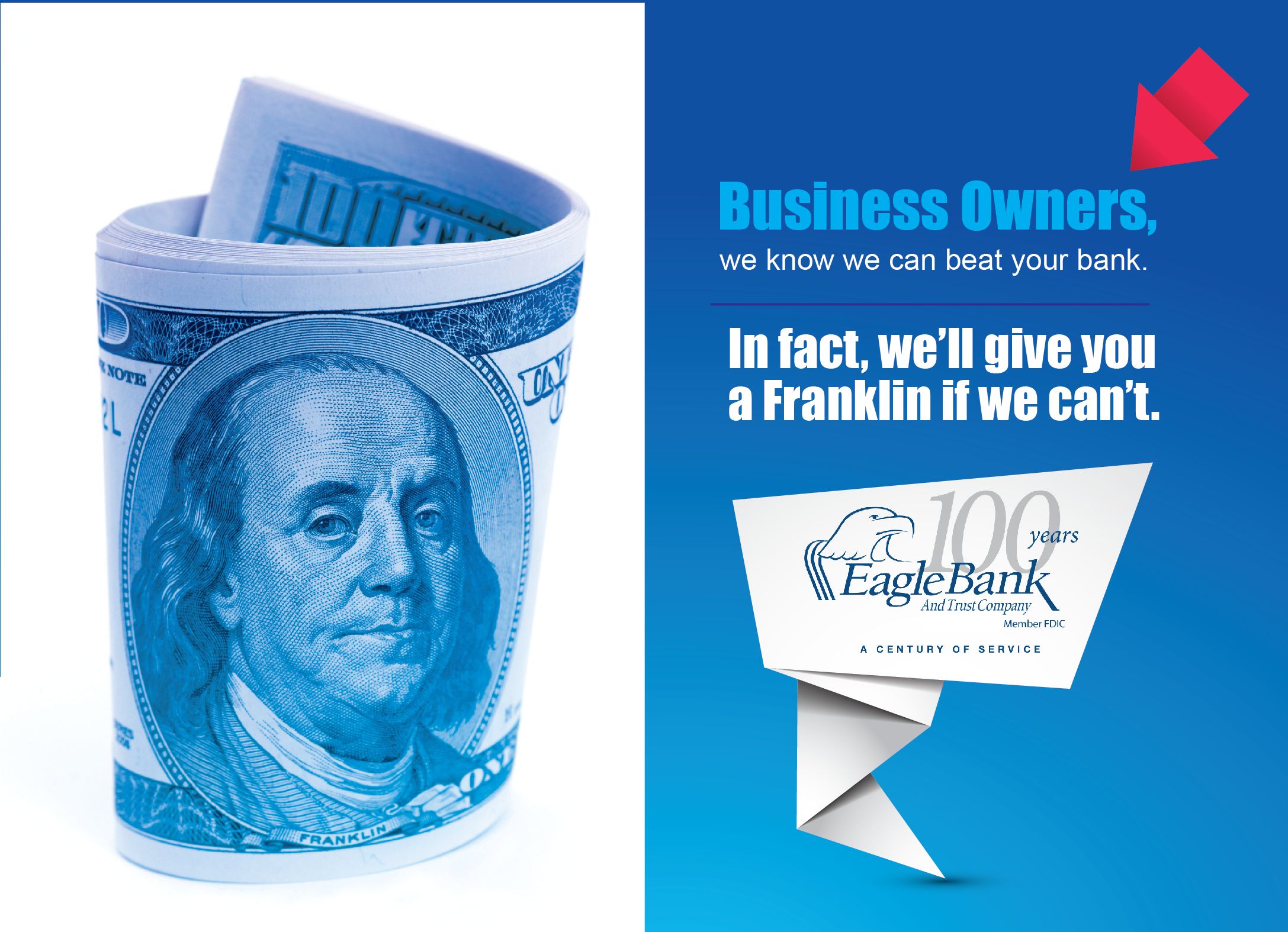 Eagle Bank business-owner mailer featuring a rolled banknote