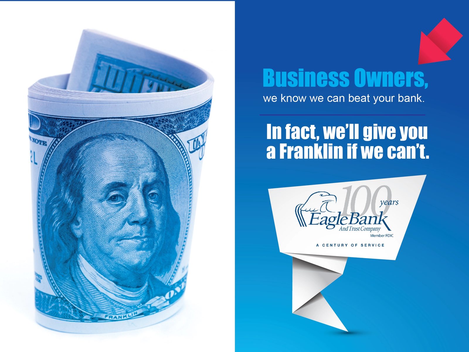 Eagle Bank business-owner mailer featuring a rolled banknote
