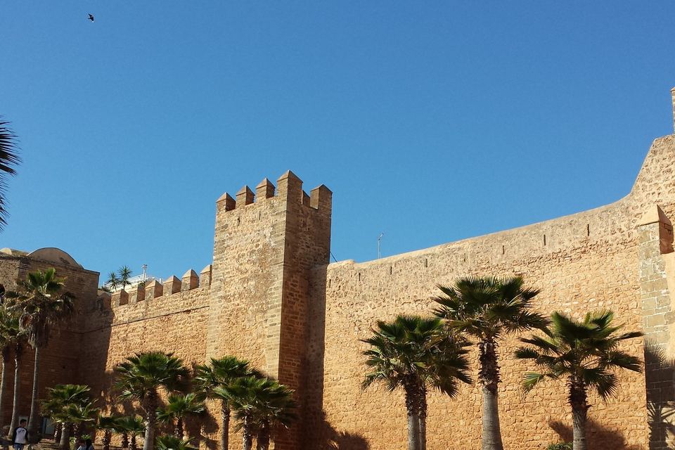 Crenellated ramparts of the Kasbah of the Oudayas in Rabat, with palm trees in the foreground