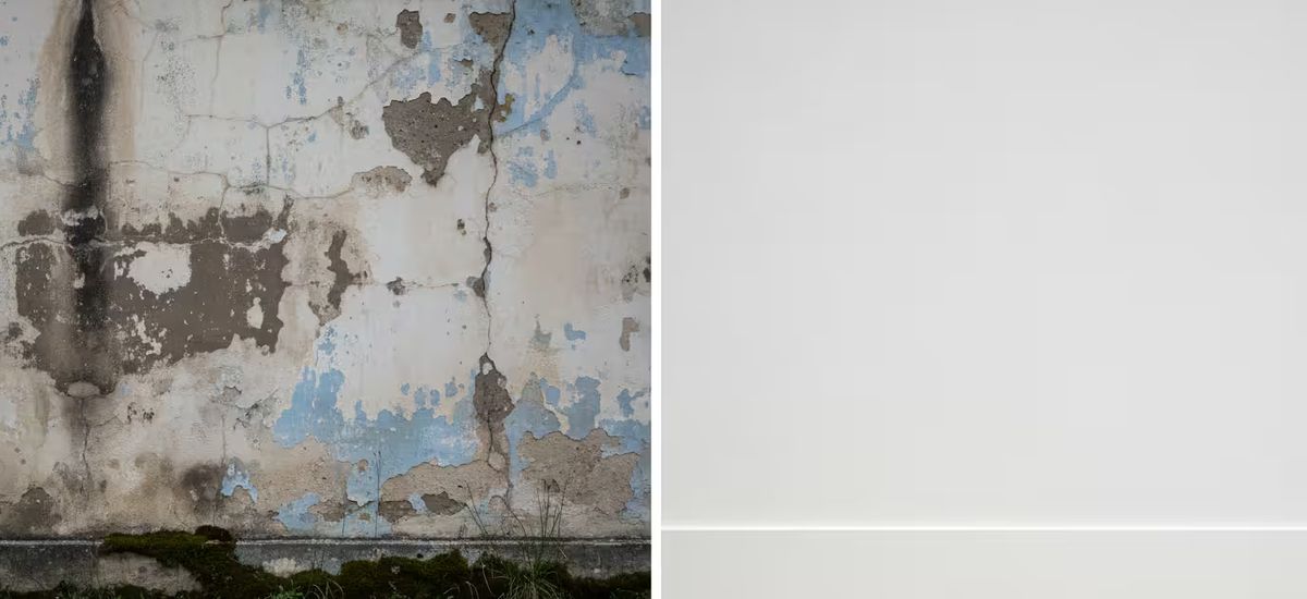 Confronto muro trattato con nanotecnologia idrorepellente vs muro umido con muschio