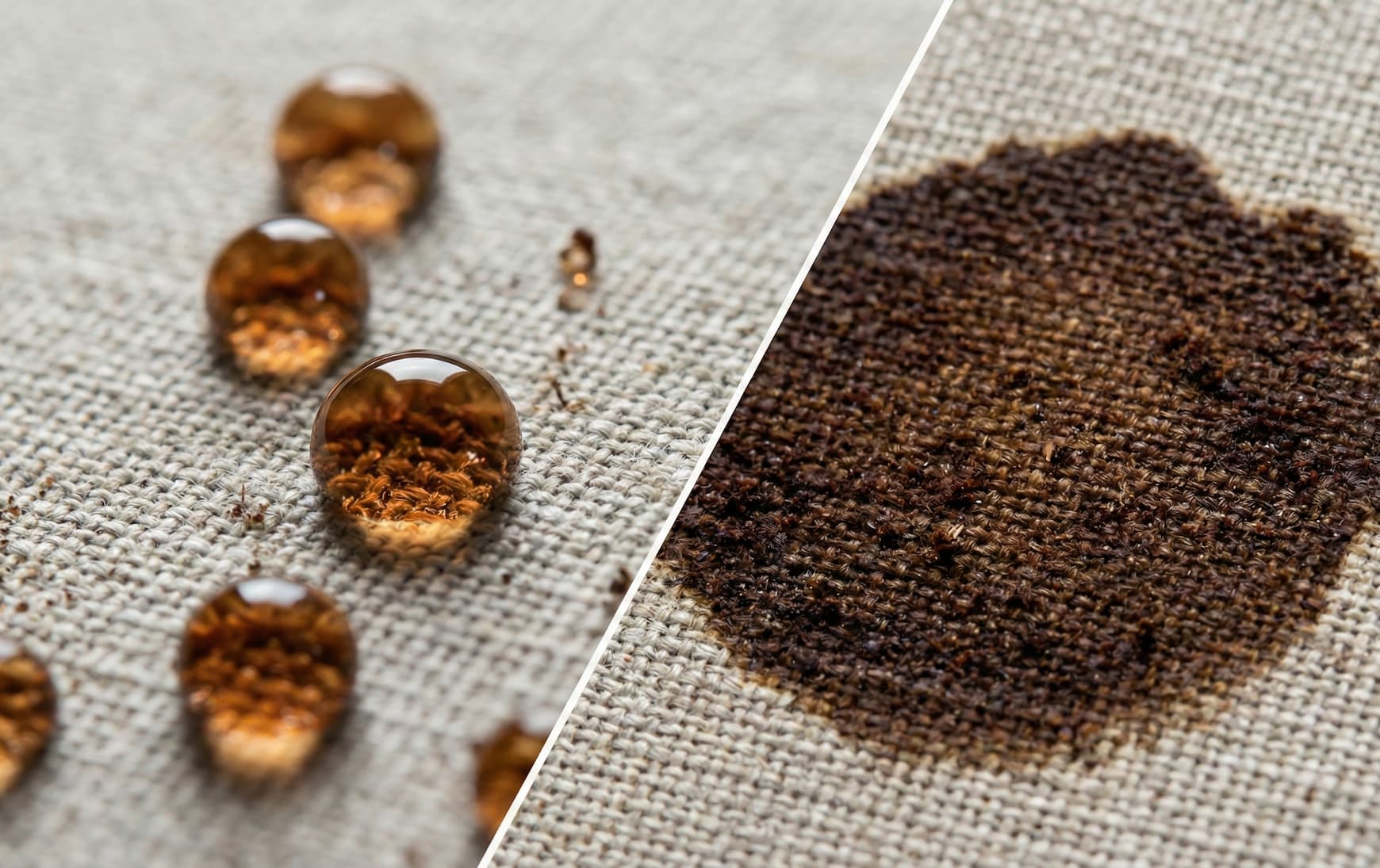 immagine split screen di un pavimento che mostra una macchia nella parte di destra non trattata e gocce effetto loto a sinistra nella parte trattata