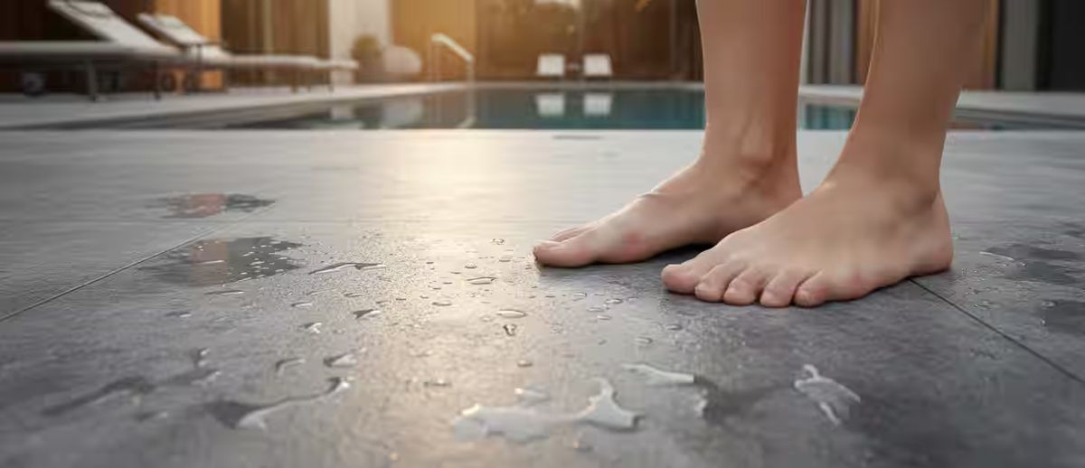 Dettaglio piedi nudi su pavimento bordo piscina bagnato in gres trattato antiscivolo sicuro e stabile.