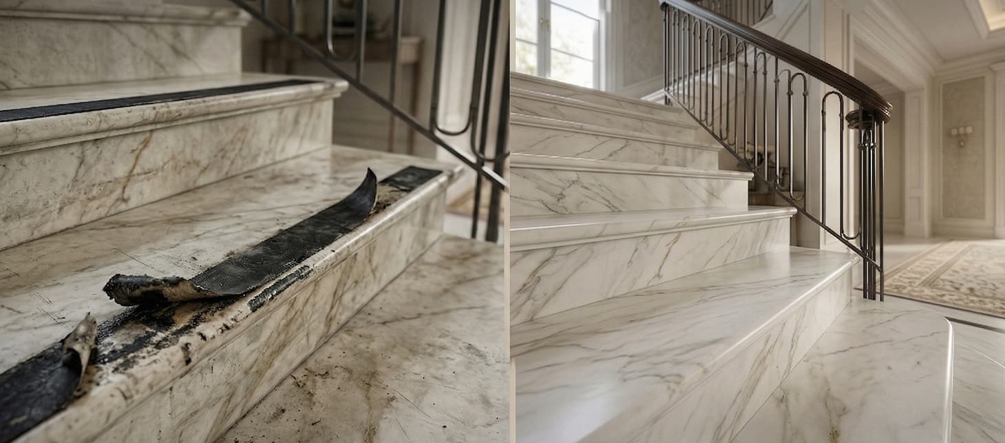 Confronto tra una scala rovinata da strisce adesive scollate e una scala sicura trattata con sistema invisibile