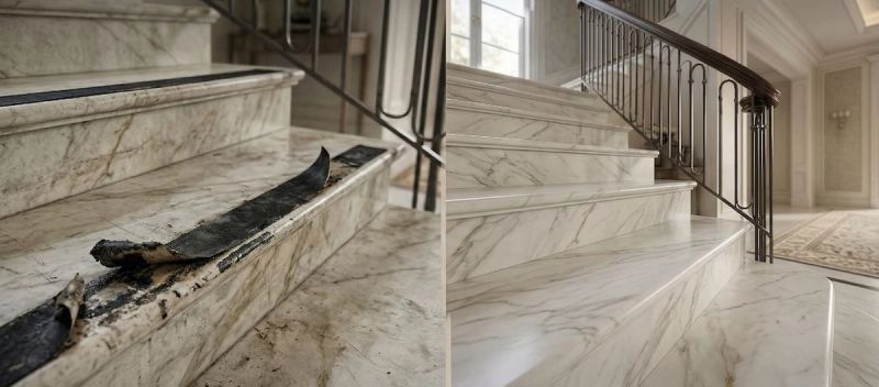 Confronto tra una scala rovinata da strisce adesive scollate e una scala sicura trattata con sistema invisibile