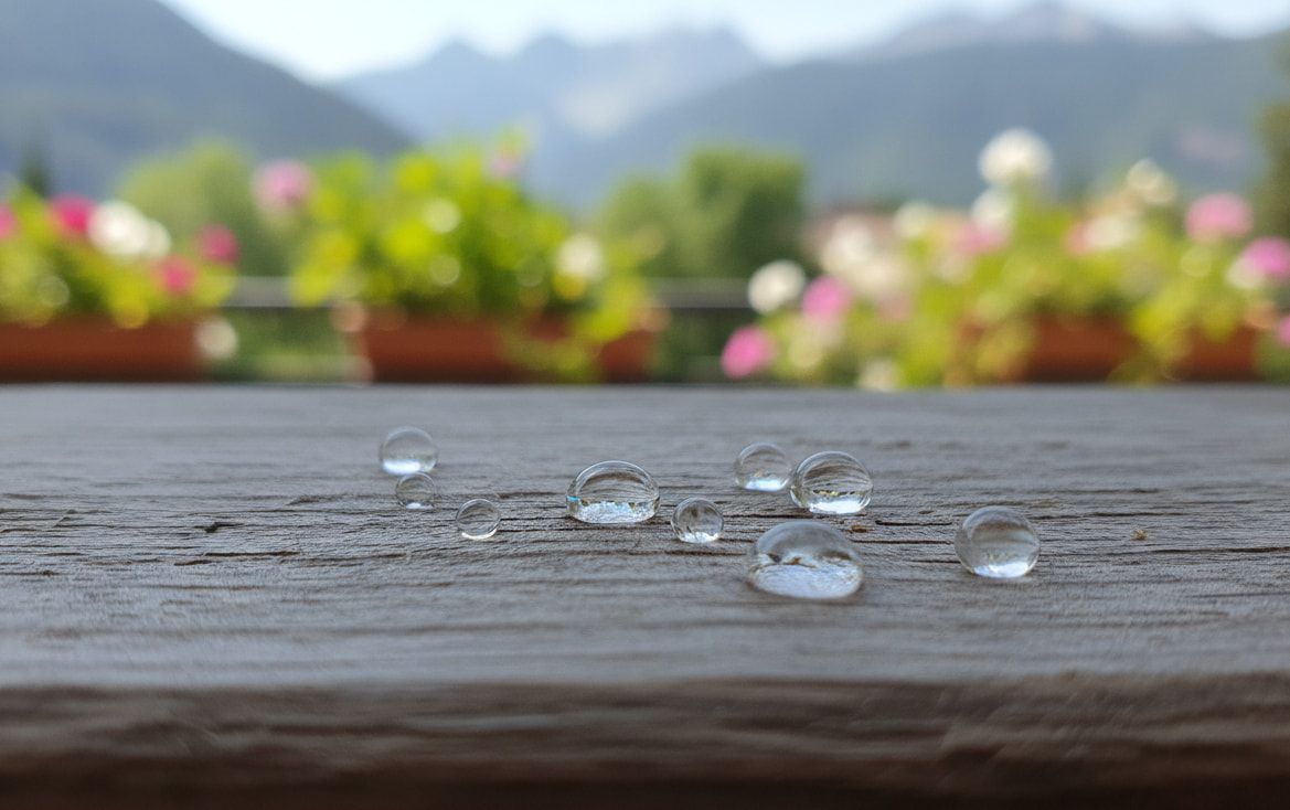 foto balcone esterno legno grezzo trattato: macro su gocce effetto loto 