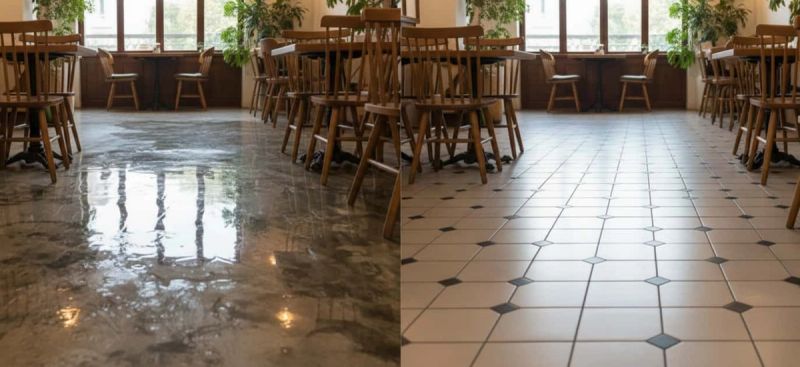 Confronto tra pavimento trattato con antiscivolo invisibile Tekno Touch e vecchia resina usurata su esterni.