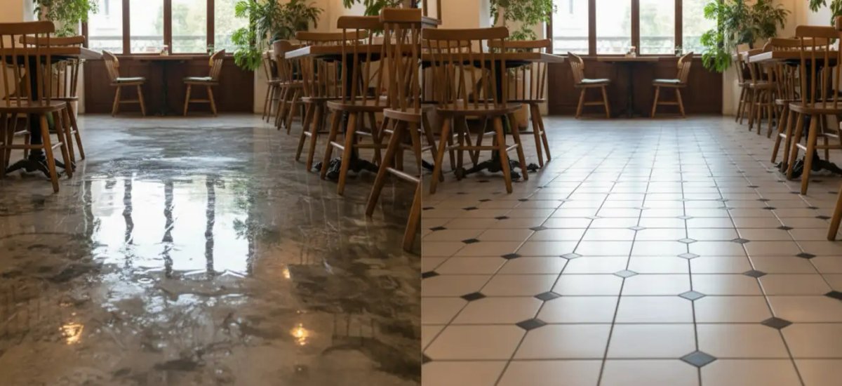 Confronto tra pavimento trattato con antiscivolo invisibile Tekno Touch e vecchia resina usurata su esterni.