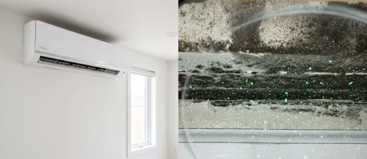 split screen a sinistra un condizionatore apparentemente pulito a destra l'interno ammuffito e potenzialmente contaminato e rischioso