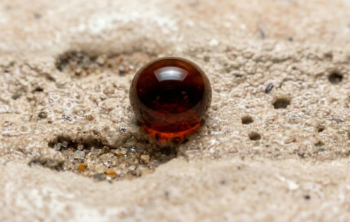 Dettaglio macro di una fuga trattata con goccia di caffè che "galleggia" sopra senza macchiare.