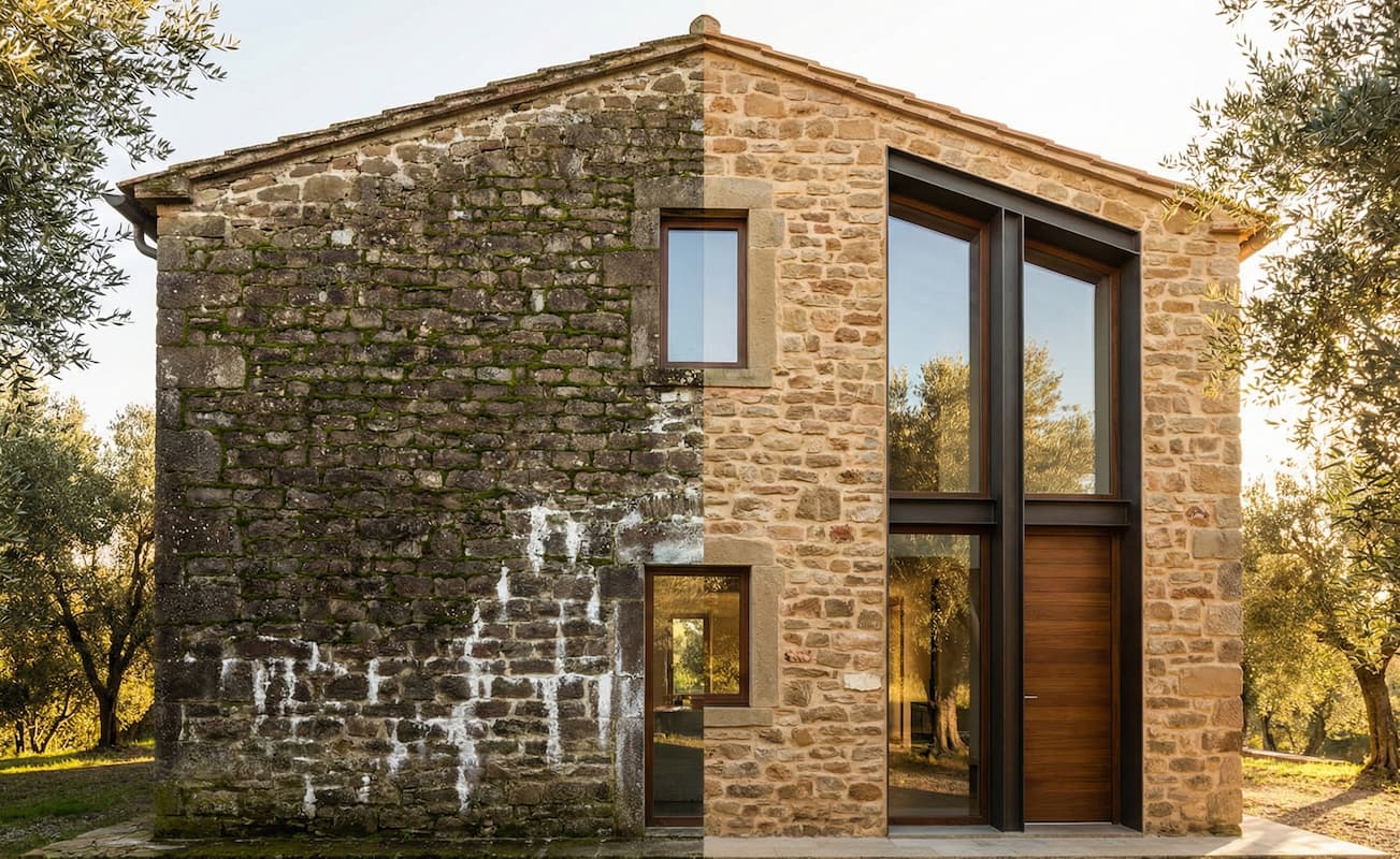 Confronto su una facciata in pietra: la parte sinistra non trattata mostra muschio, umidità e salnitro, mentre la parte destra trattata con ECTOR RP-50 è asciutta, pulita e priva di efflorescenze.