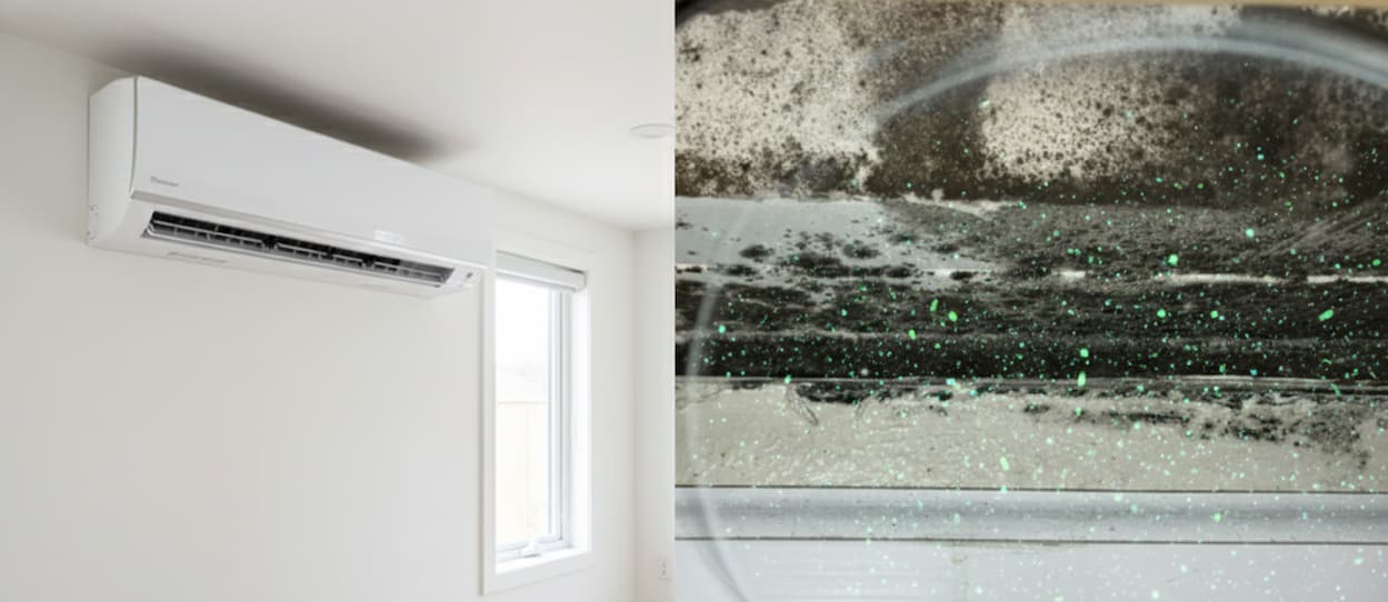 split screen a sinistra un condizionatore apparentemente pulito a destra l'interno ammuffito e potenzialmente contaminato e rischioso