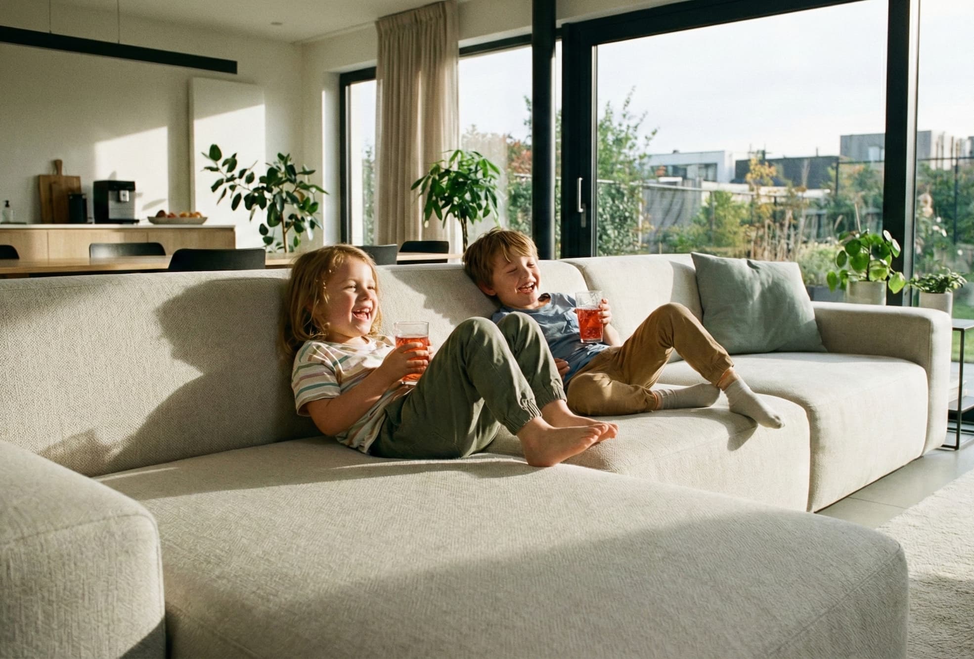 foto bambini che bevono una bibita colorata sopra un divano chiaro