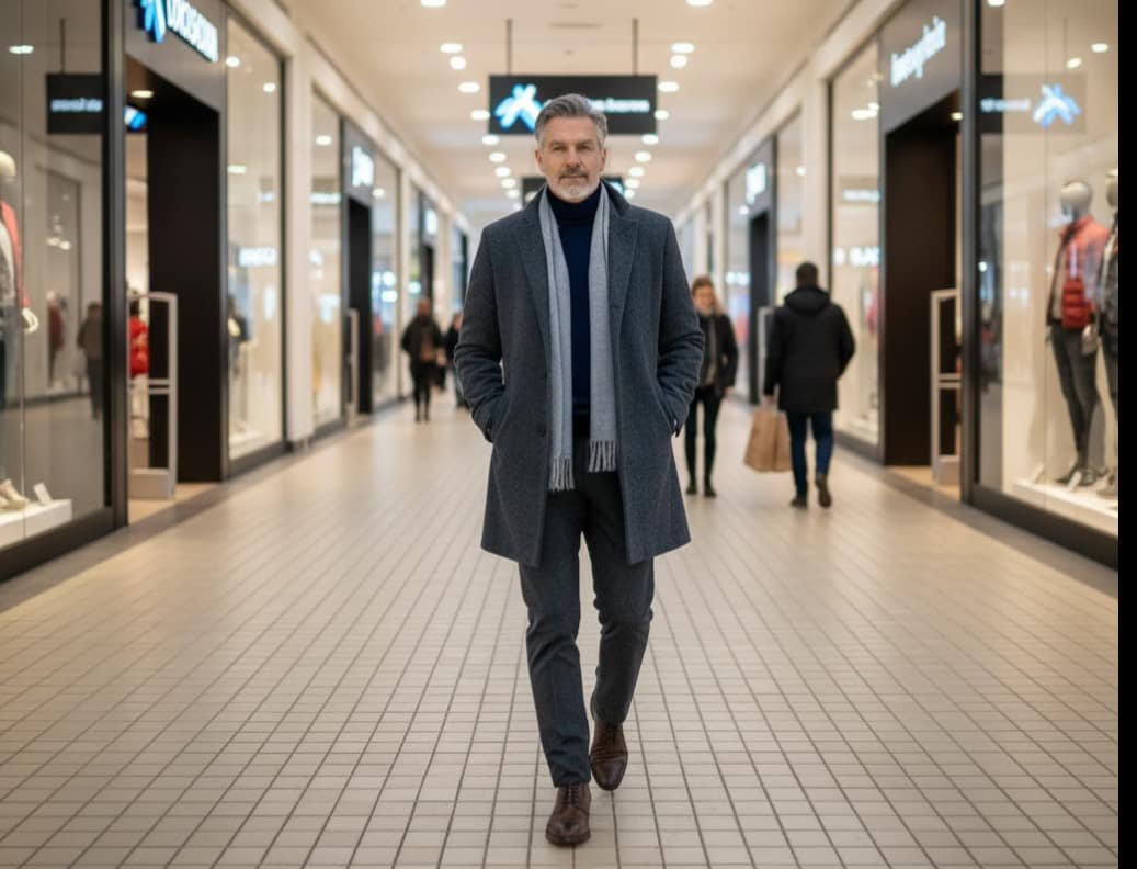 Uomo cammina galleria centro commerciale