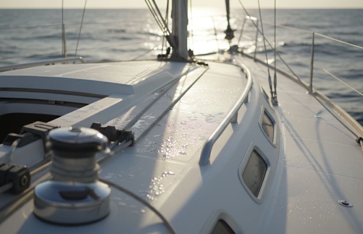 Una foto solare e luminosa del ponte in vetroresina bianca di una barca a vela. La superficie è bagnata dall'acqua di mare. Antiscivolo con keeper spray