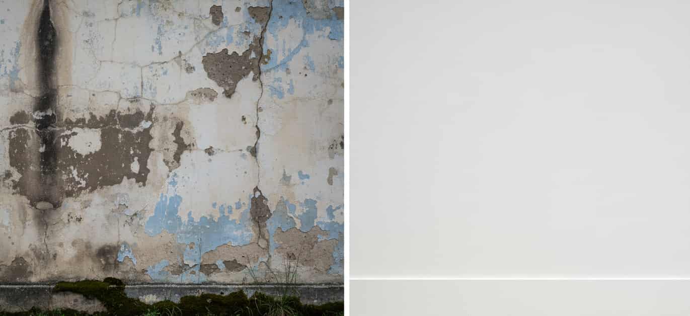 Confronto muro trattato con nanotecnologia idrorepellente vs muro umido con muschio