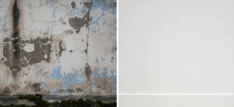 Confronto muro trattato con nanotecnologia idrorepellente vs muro umido con muschio